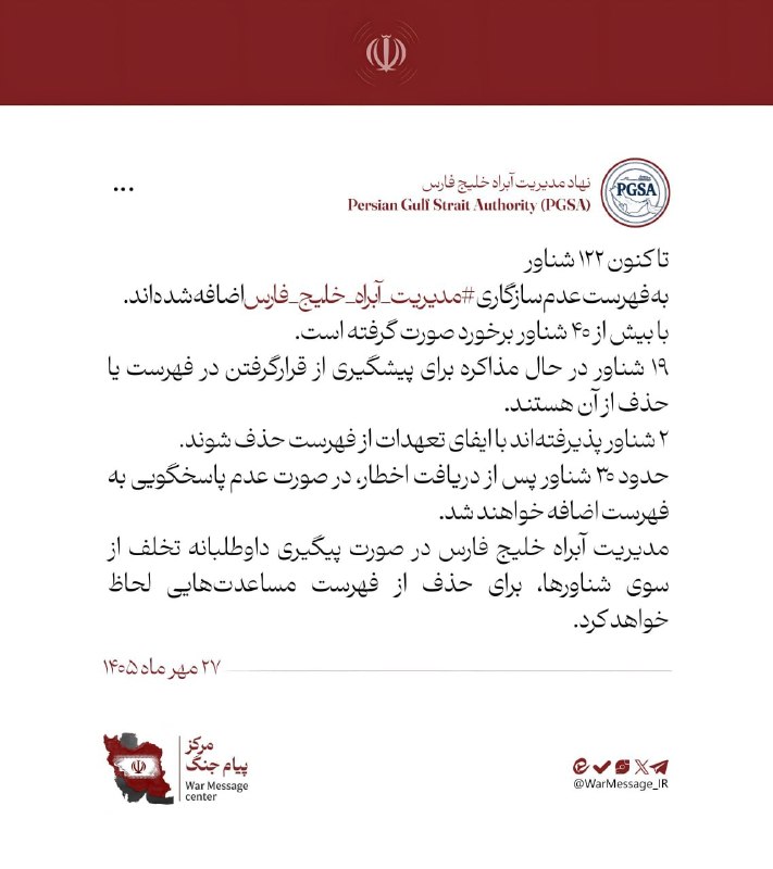 مدیریت آب‌راه خلیج‌فارس آخرین وضعیت فهرست عدم‌سازگاری ۱۲۲ شناور را اعلام کرد